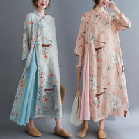 Chinese Stand Collar Fan Printed Cheongsam Dress For Women Casual Loose Cotton Linen Long Sleeves Dresses Robe Spring Plus Size