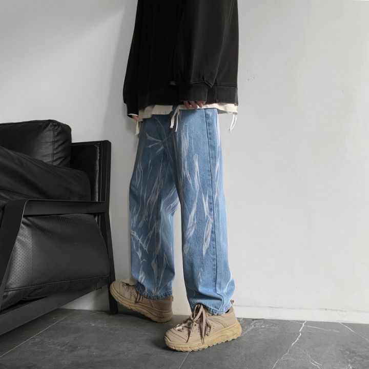 สีดำมัดย้อมตรงกางเกงยีนส์ผู้ชายแฟชั่นหลวมพิมพ์-high-street-ฮิปฮอปกางเกงยีนส์อเมริกันชาย-y2k-กางเกง