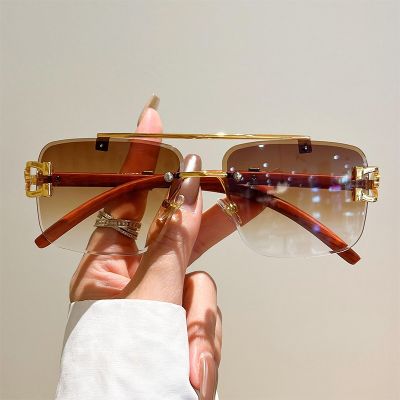 ✎ KAMMPT Oversized Square Sunglasses Men Women Trending Rimless Gradient Double Bridge Shades Eyewear Fashion Retro Sun Glasses