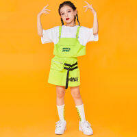 Kids Hip Hop Dance Outfits Girls Jazz Clothes Short Sleeves Crop Tops Green Skirt Cheerlead Dance Costume Stage Wear 120-170CM