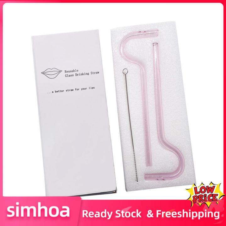 simhoa-ท่อกระจกสีชมพูหลอดแก้วพร้อมแปรงแก้วหลอดดื่มหลอดแก้ว2ชิ้น