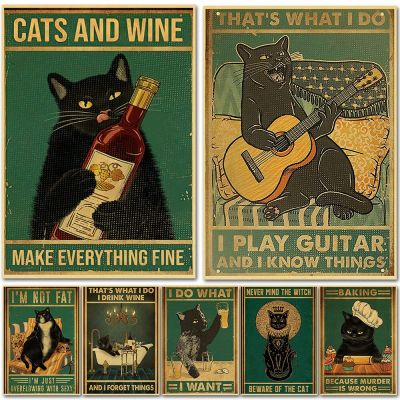Black Drink Cat Vintage Posters Kraft Paper Retro Prints Wall Decor Living/Bed Room Paper Creative Art Fashion Bedroom Painting Filters  Accessories