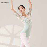 Womens Fresh Embroidered Mid-Sleeve Tight Ballet Dress One-Piece Stitching Chinese Wind Dance Dress