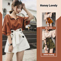 Honey Lovely ชุด เซท2ชิ้น2022ฤดูร้อนใหม่ต่างประเทศบางฮ่องกงรสชาติสองชิ้นแฟชั่นกางเกงขาสั้นอารมณ์ผู้หญิงชุดเดียวกันหญิง HON1020