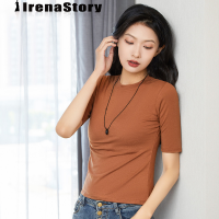 IRENASTORY เสื้อเบลาส์สำหรับผู้หญิง,เสื้อเบลาส์เสื้อยืดคอกลมเรียบง่ายเสื้อเชิ้ตแขนยาวปานกลางแฟชั่นแนวเกาหลีใหม่ลดสัดส่วนด้านล่าง