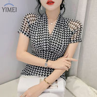 YIMEI เสื้อยืดผ้าตาข่ายแขนสั้น2023ฤดูร้อนฤดูร้อนผ้าไหมสดใสพิมพ์ลายฟันมีสายคล้องคอคอวี