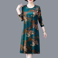 2022 autumn and winter large size long-sleeved dress middle-aged and elderly new printed mothers dress ladies loose mid-length skirt female ❤