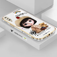 [ฟรีสายคล้อง] สำหรับเซลล์เคสโทรศัพท์ Samsung กาแล็คซี่ A20S การ์ตูน INS สาวน่ารักขอบสี่เหลี่ยมลวดลายชุบเคสโทรศัพท์หรูหราชุบเคสโทรศัพท์นิ่ม