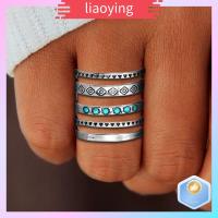 LIAOYING 2pcs สเตอร์ลิงเงิน แหวนฉลุลาย สไตล์ชนเผ่า โบฮีเมียน แหวนแกะสลัก อุปกรณ์เครื่องประดับอัญมณี เป็นรูกลวง แหวนเทอร์ควอยซ์ สำหรับผู้หญิง