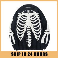 Streetwear Oversized Knitted Sweaters Mens Vintage Skeleton Bone Printed Hip Hop Harajuku Patchwork Casual Pullover Unisex Black