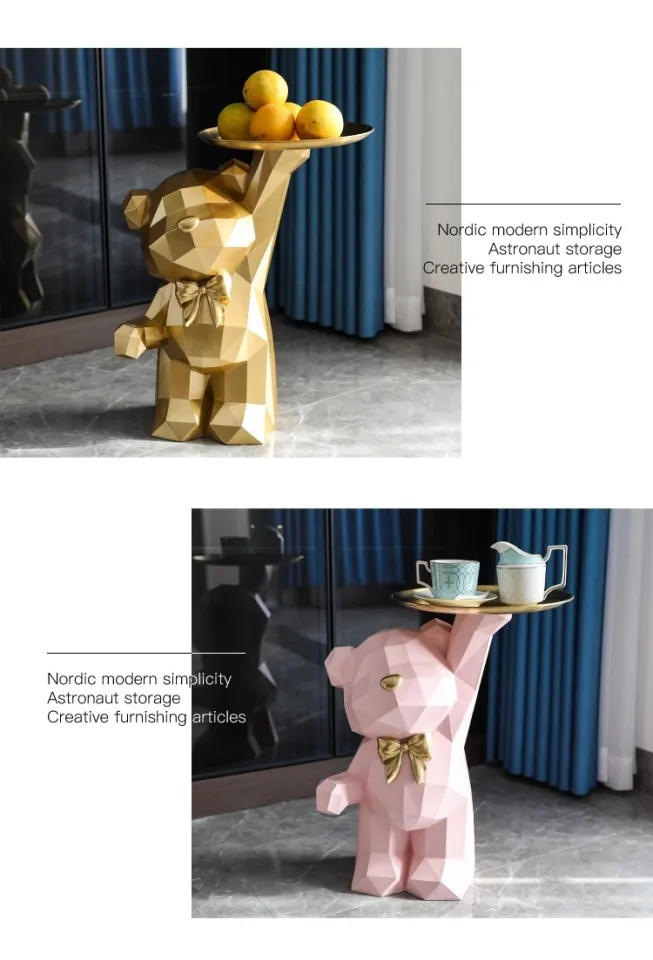 Pink Cartoon Bear Statues Tray Decoration Home Accessories Indoor Figurine  Living Room Restaurant Hotel Nordic Style Sculptures