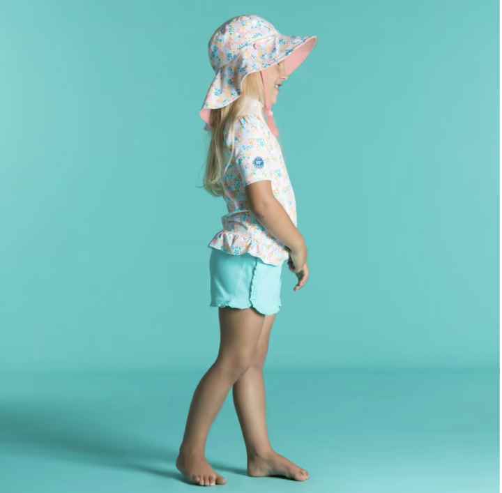 ของดีเว่อ-ส่งไวมาก-หมวกป้องกันรังสียูวีที่ใส่ได้สองด้านสำหรับเด็ก-สีชมพูอ่อนพิมพ์ลายดอกไม้