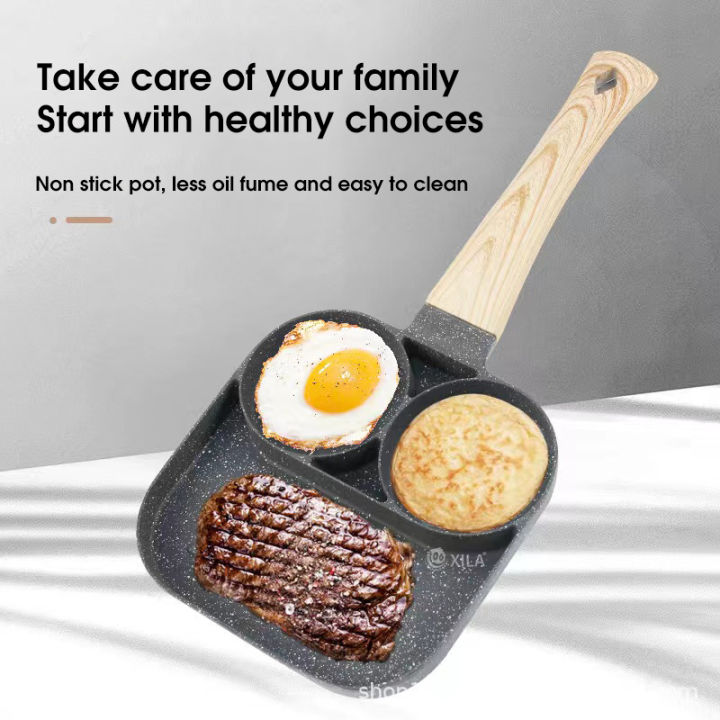 FANCY 3 In 1 Frying Pan Multipurpose Burger Pan Non-Stick Crepe Pan Stone  Aluminum Pancake Frying Pan with Insulate Wooden Handle for Pancakes  Burgers Eggs Meat 