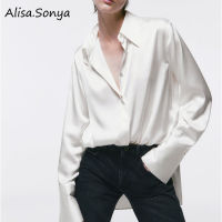 Alisa.sonya ผู้หญิงผ้าไหมซาตินเสื้อลำลองเสื้อสไตล์เกาหลีแขนยาวสำนักงานสวมใส่คอวีหลวมด้านบนสำหรับผู้หญิง