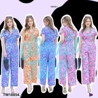 B18854 Jumpsuit #สาวอวบ คอปกซิปหนัาขายาว พิมพ์ลาย Jumpsuit #Chubby girl, collar, front zipper, long legs, printed pattern