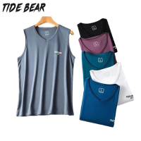 TIDE BEAR เสื้อกล้ามคอวีระบายอากาศสำหรับผู้ชายเสื้อยืดไหล่กว้างแขนกุดเล่นกีฬาบาสเก็ตบอลฟิตเนสเสื้อกล้ามไอซ์ซิลค์