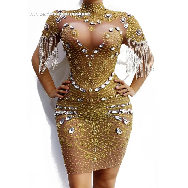 Shining Big Crystals Mesh Y Bodysuit Sparkly Rhinestone Fringes Party