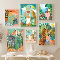 NewTropical Jungle Plant Tiger Leopard Girl Wall Art ภาพวาดผ้าใบ Boho บทคัดย่อโปสเตอร์และพิมพ์สำหรับตกแต่งห้องนั่งเล่นภาพจิตรกรรมฝาผนัง