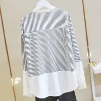 CMAZ 2021 New Spring and Autumn Shirts Womens Long Sleeve Black and White Vertical Stripes Patchwork Stand-up Collar Draping