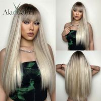 【jw】▥■  ALAN EATON Blonde Straight Wigs with Bangs Synthetic Resistant Hair