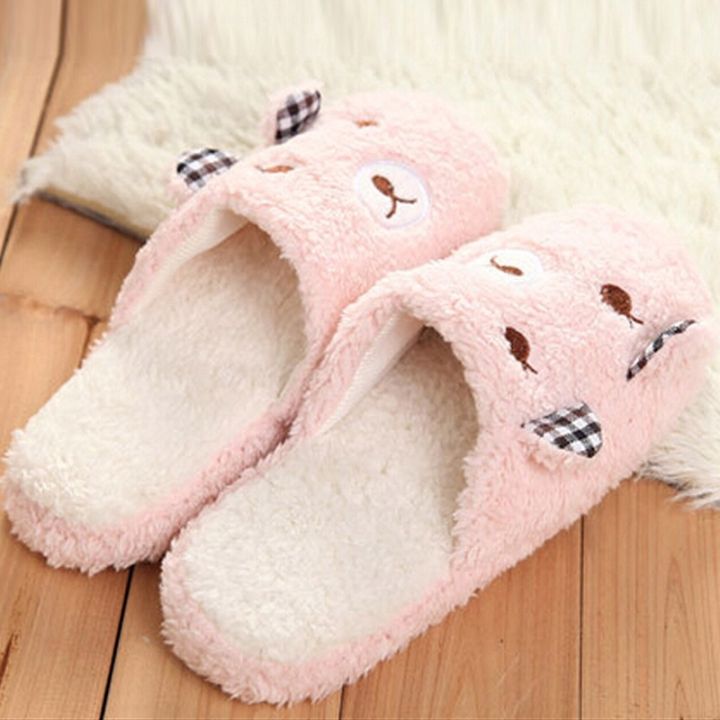 a-so-cute-ผ้าฝ้ายให้ความอบอุ่นหน้าหนาวรองเท้าใส่ในบ้านลายการ์ตูนคู่หมีน่ารักหูข้างพื้นในบ้าน