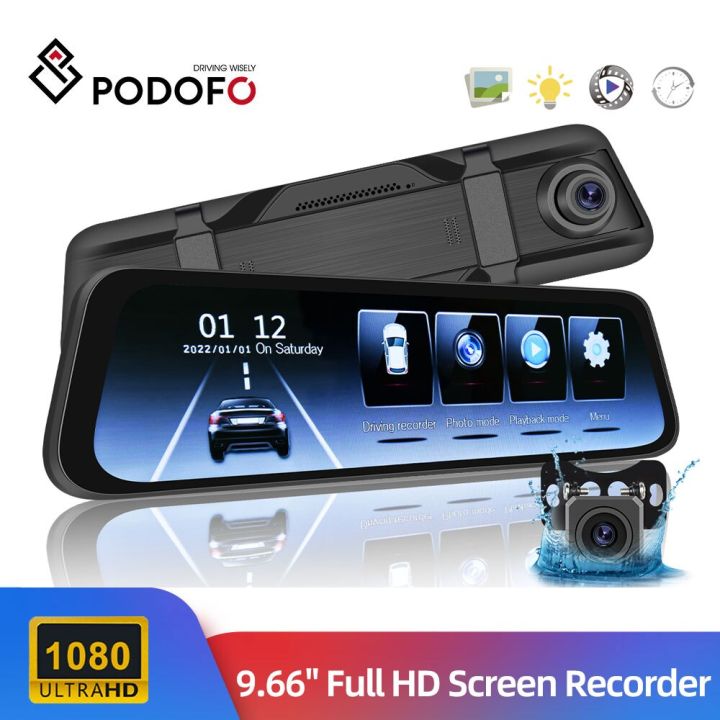 podofo-กระจกรถยนต์-dvr-มองหลังกล้องติดรถยนต์9-66-เครื่องบันทึกเลนส์คู่1080p-กล้องหน้าและหลังนายทะเบียนจอดรถ
