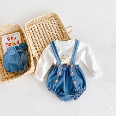 Infants Girl Boy Long-sleeved Cotton Top T-shirt + Denim Suspenders + Hat Three-piece Suit Newborn Bodysuit Baby Clothes Set