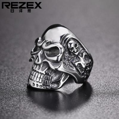 REZEX เครื่องประดับเหล็กไทเทเนียมหัวหัวกระโหลกสไตล์พังค์แหวนแหวนเรโทรเกินจริง
