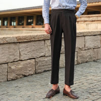 Fashion Khaki Mens Dress Pant High Waist Straight Pants Men Fall Business Versatile Belt Trousers Gentleman Paris Button Pants