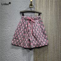 【hot】 Korean Floral Printed Wide Leg Shorts Womens Clothing Loose Drawstring Elastic Waist for Female