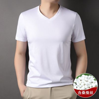 【Apr】 Mulberry silk pure white short-sleeved t-shirt mens summer loose casual mens big V-neck pullover half-sleeved top T-shirt
