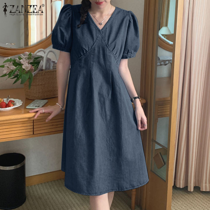 zanzea-ชุดเดรสแขนพองทรงเอไลน์ผ้ายีนส์ทรงหลวมชุดเดรสคอวีสไตล์เกาหลีของผู้หญิง-109339