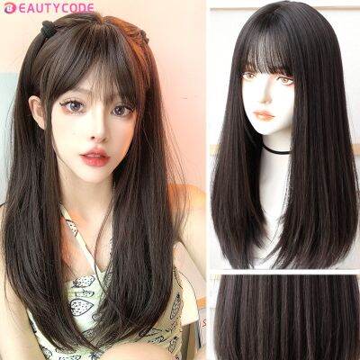 【jw】✢❂ Straight Middle Part Hair Wig Resistant Synthetic Wigs with Bangs