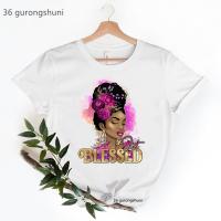 เสื้อยืดพิมพ์ลายดอกไม้สีน้ำทรง Afro Queen เสื้อยืดสีดำสำหรับผู้หญิงเสื้อยืดเมจิกลายฤดูร้อนแฟชั่นเมลานินป๊อปปินเสื้อยืดเสื้อผ้าผู้หญิง