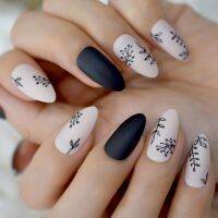 EchiQ Almond Press On Nails Black Ferns Pattern Matte Faux Ongles Beige Leaves Fashion Style Designed Tips 24