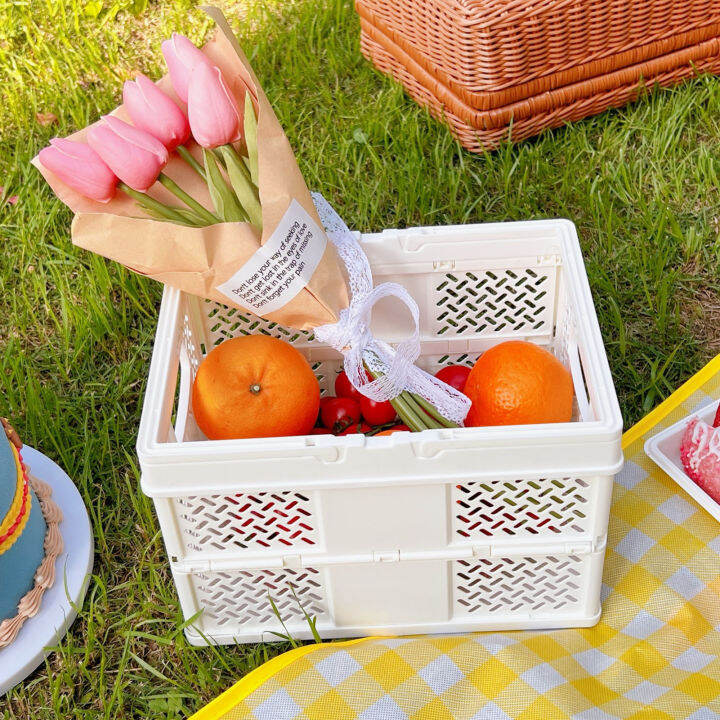 Folding Picnic Basket Stackable Storage Box Plastic Grocery Shopping