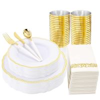 Disposable Tableware White Plastic Plate With Gold Rim and Plastic Cutlery White Napkin Set Suitable for Weddings and Parties