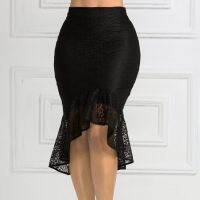 Sexy Black Lace Gothic Skirts Woman Empire Waist Elastic Retro Pencil Asymmetrical XXL XL Big Size Jupe Womens Fashion 2022