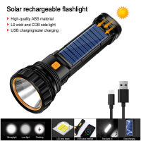 USBSolar Charging Flashlight Built-in Battery Torch with COB Side Lanterna Waterproof Hand Camping Lamp Emergency