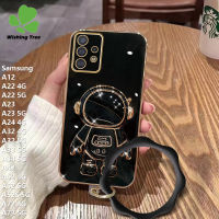 เคสสำหรับ Samsung Galaxy A52 A22 A12 A52S 4G A22 5G A23 5G A24 A32 A33 A34 A42 A72แฟชั่นน่ารักนักบินอวกาศเคสมือจับสำหรับโทรศัพท์มือถือ6D ฝาครอบโทรศัพท์ TPU เคสนิ่มเคลือบอิเล็คโทรเพลท + สร้อยข้อมือ