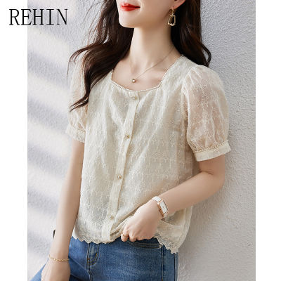 REHIN เสื้อผู้หญิงแขนสั้นปักคอสี่เหลี่ยม,เสื้ออเนกประสงค์ใหม่แฟชั่นสไตล์เกาหลีผ้าสไตล์แอฟริกันสำหรับผู้หญิงฤดูร้อน