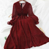 New Autumn V Neck Polka Dot Slim Chiffon Dress Button Puff Sleeve High Waist Elegant Women Mid-calf Dress