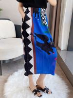 ♠ Miyake Women Pleated Skirt Printing Elastic Waist Split Elegant One Step Midi Skirts Casual Style 2022 Summer Fashion Skirt