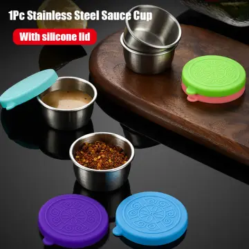 1-6PCS Reusable Stainless Steel Sauce Cup with Silicone Lids Condiment  Container Salad Dressing Picnic Food Storage Lunch Box