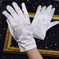 ◇✇ JaneVini 2023 Elegant Wedding Short White Satin Bridal Gloves Full Finger Handmade Beaded Wrist Length Costume Prom Party Gloves