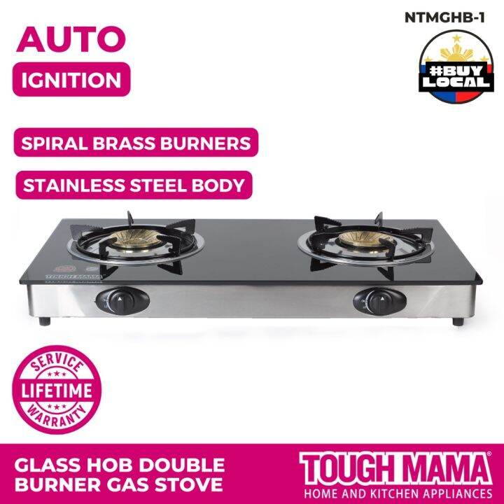 Tough Mama NTMGHB1 Gl Hob Double Burner Gas 3mm Trivet Black Stove