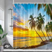 Dusk Ocean Shower Curtains Sea Beach Coconut Trees Sunset Nature Landscape Bathroom Curtain Decor with Hooks Garden Wall Hanging