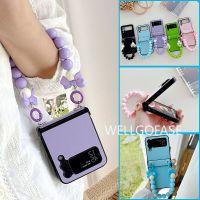 Cute Colorful Bow Pearl Shell Hand Ring Strap PU Leather Anti-fall Phone Case for Samsung Galaxy Z Flip 3 5G Z Flip 4 Z Flip3 Z4