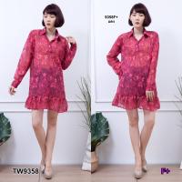 P9358  เดรสชีฟองแขนยาวลายดอกชายระบาย  Long sleeve chiffon dress with floral print