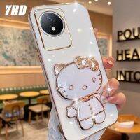 YBDมีเคสโทรศัพท์กระจกสำหรับ Vivo Y02 Y02A 4G เคส3Dแมวน่ารักพับได้เคสซิลิโคนแบบนิ่มยึดภาพสามมิติ